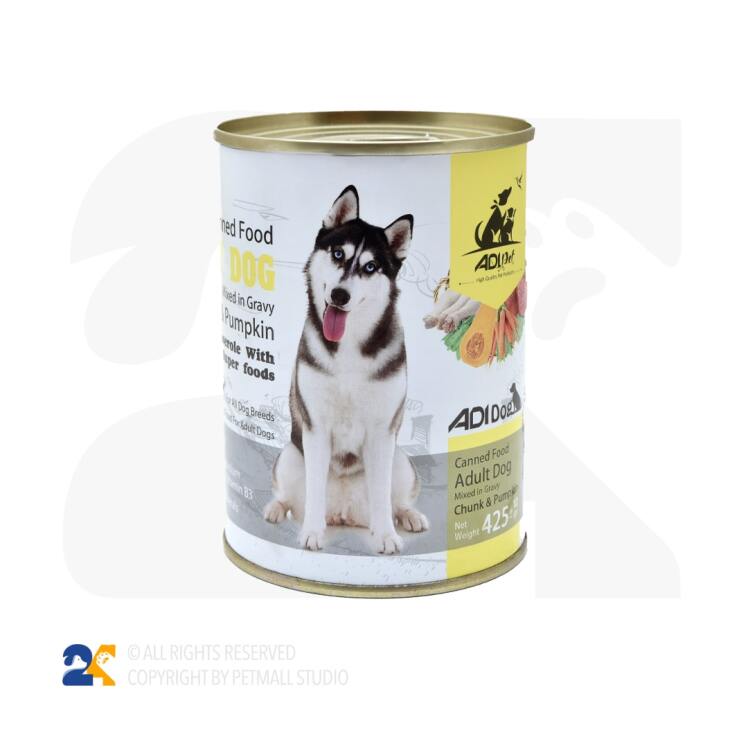 کنسرو مخصوص سگ آدی پت با تکه های گوشت مرغ و کدو 